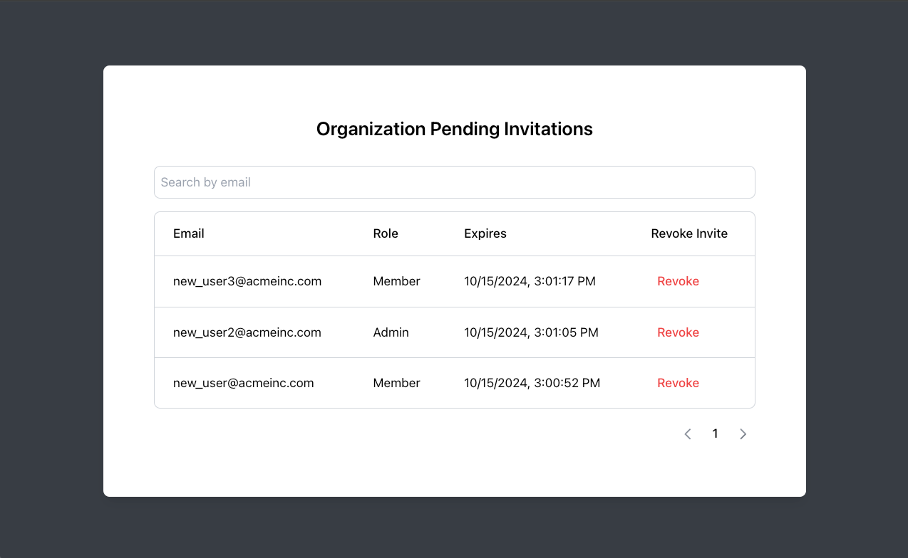 Build a table to view pending invites for an organization.